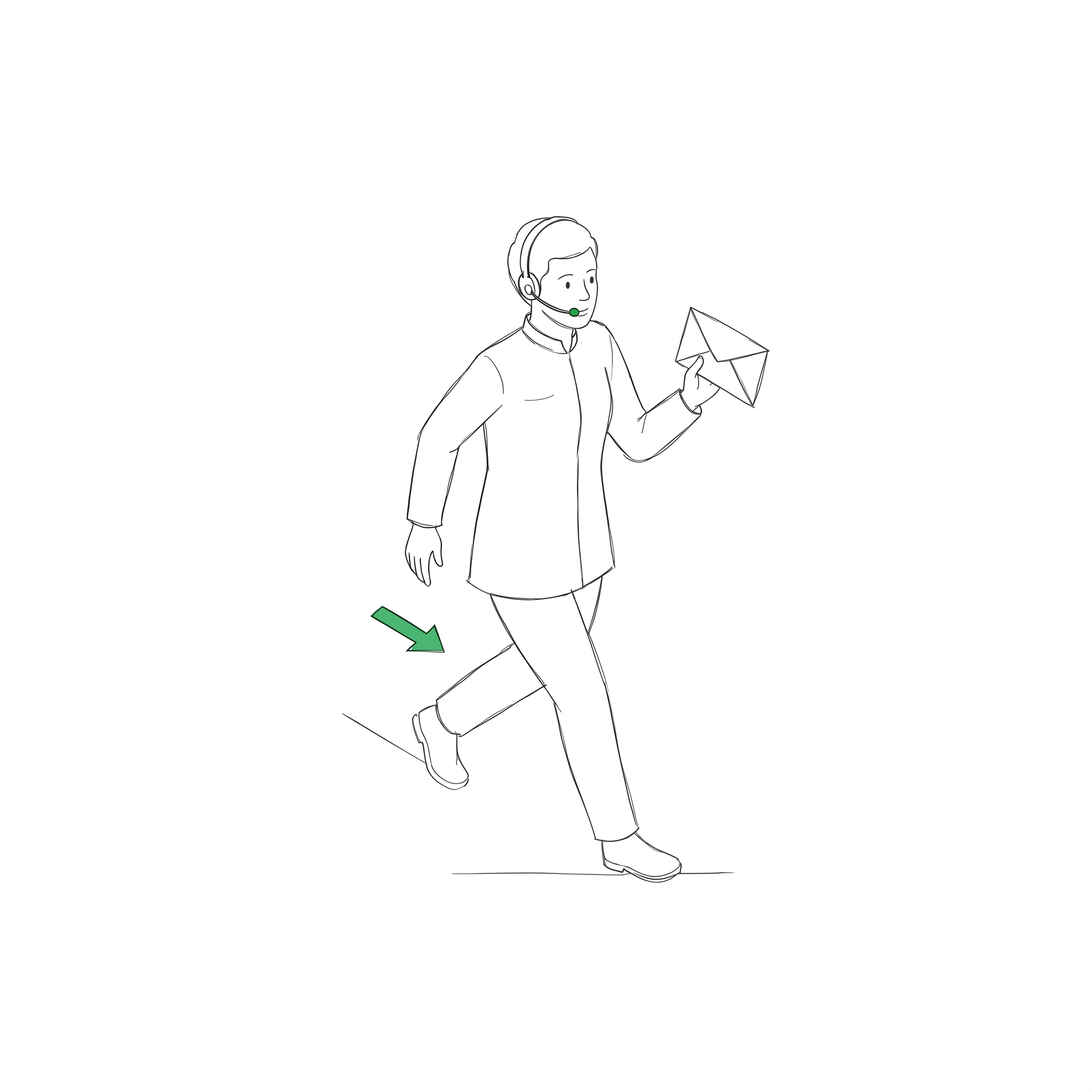 Agent — a courier figure with headset and envelope mid-stride, a small green forward arrow indicating action in motion