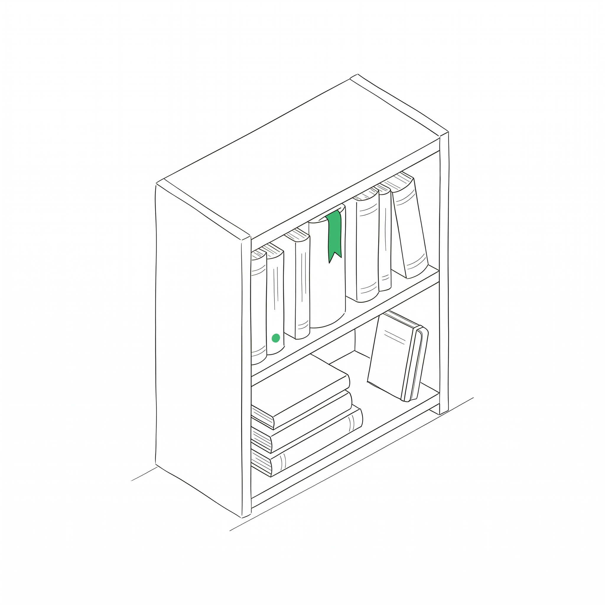 Brain — a quiet bookshelf with one green bookmark on a single book; the archive of memory
