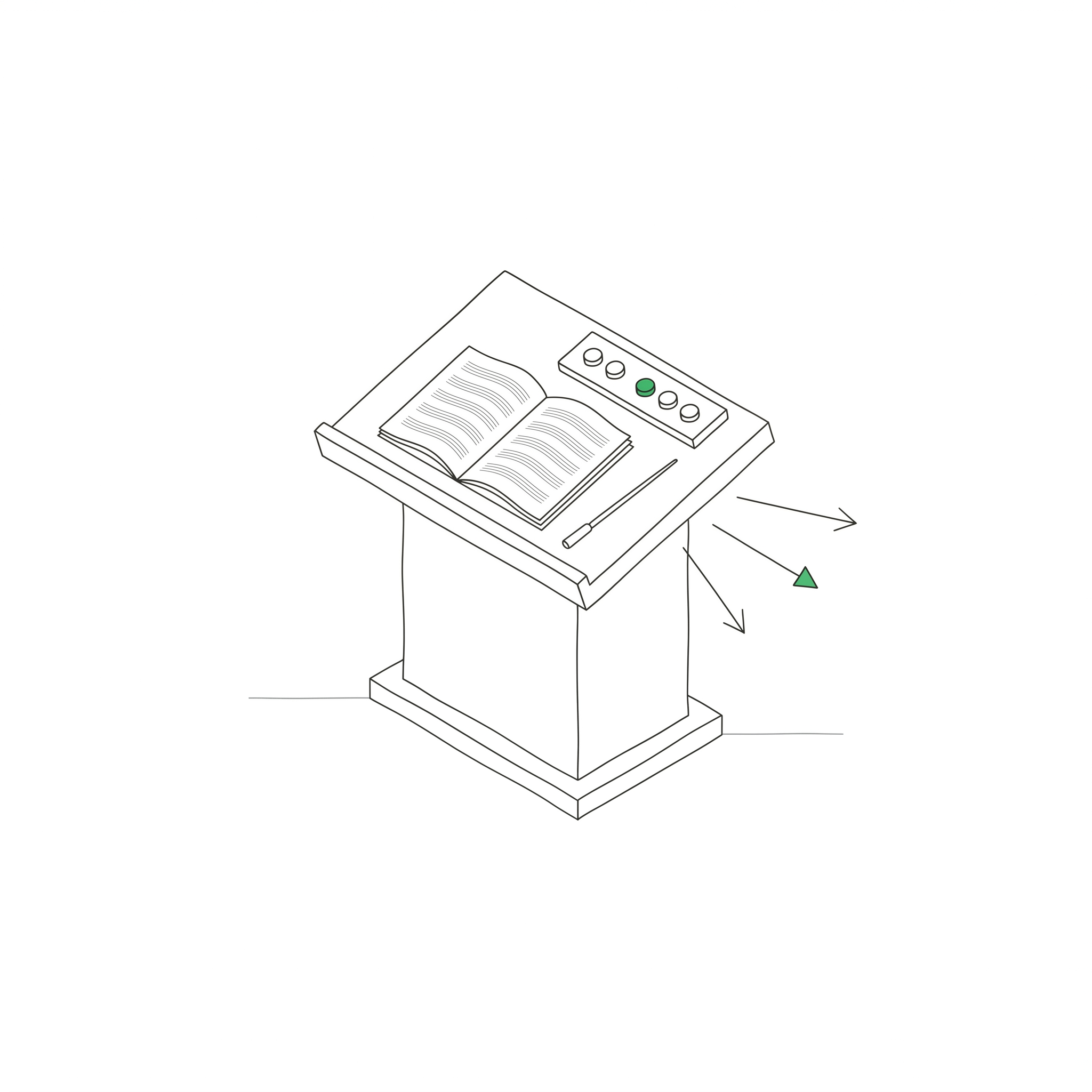Coordinator — a podium with an open conductor's score and a small console; one green-active button and three fan-out arrows showing dispatch