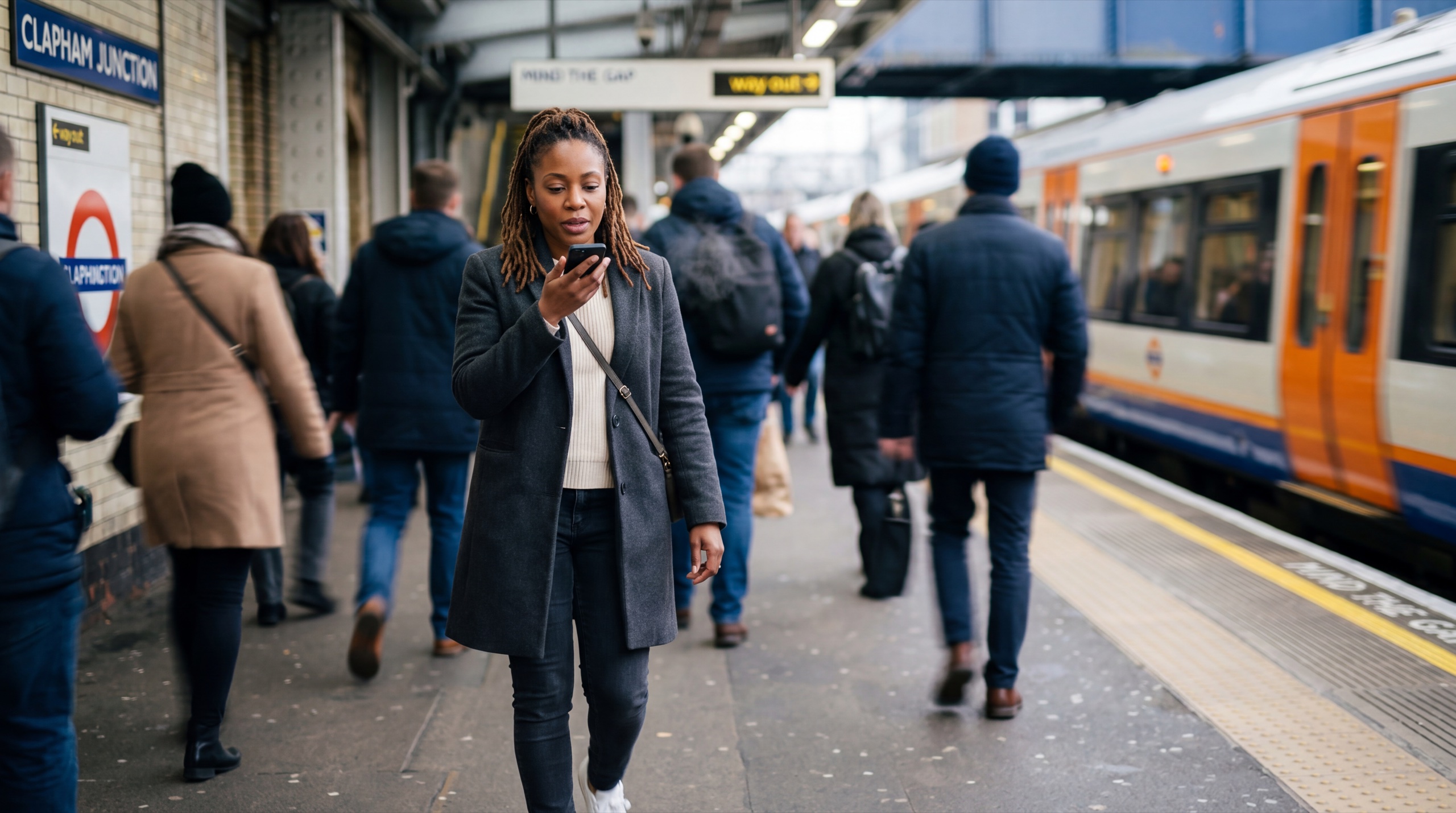 Naomi mid-voice-note on her morning commute, Clapham Junction.