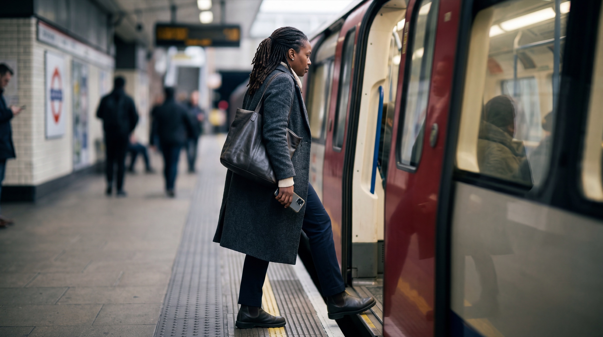Naomi boarding a London Overground train, morning commute, doors closing.