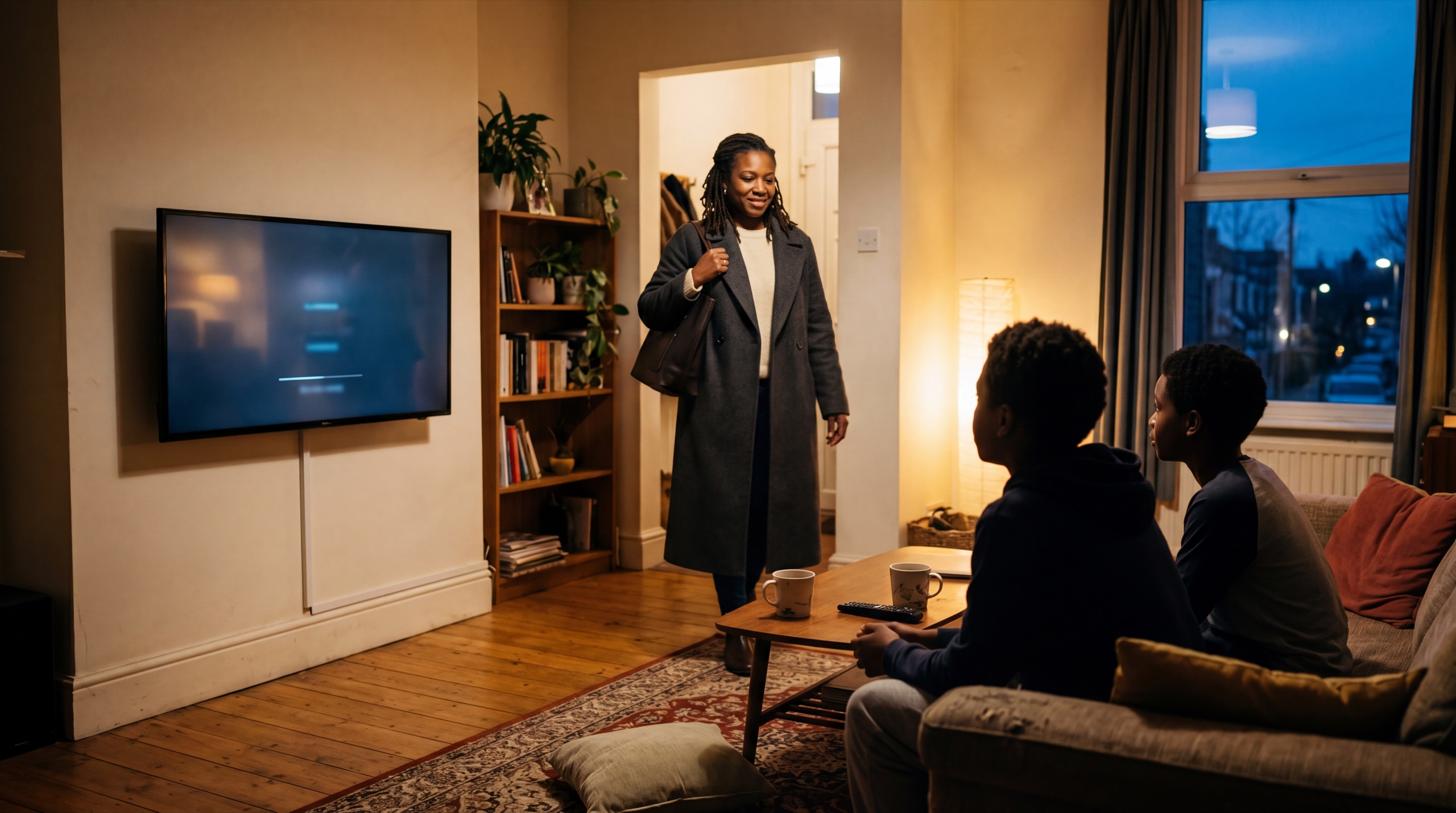 Naomi arriving home in the early evening, two teenagers waiting on the sofa near the TV.