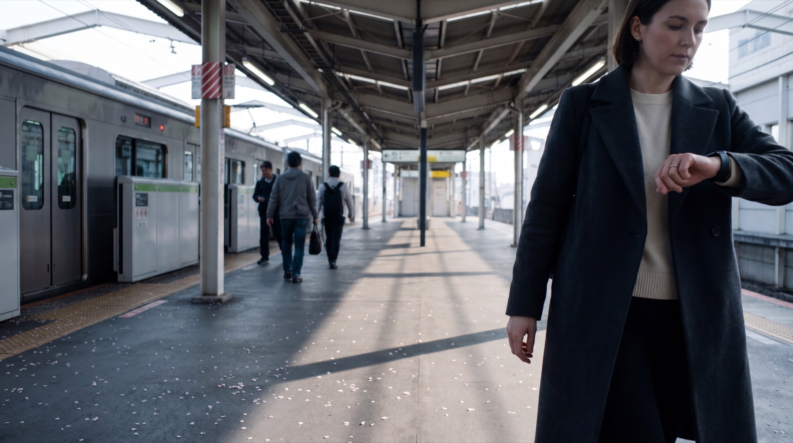 Chapter 02 · A Day in the Month — Lena on a Tokyo platform at 8:30 AM