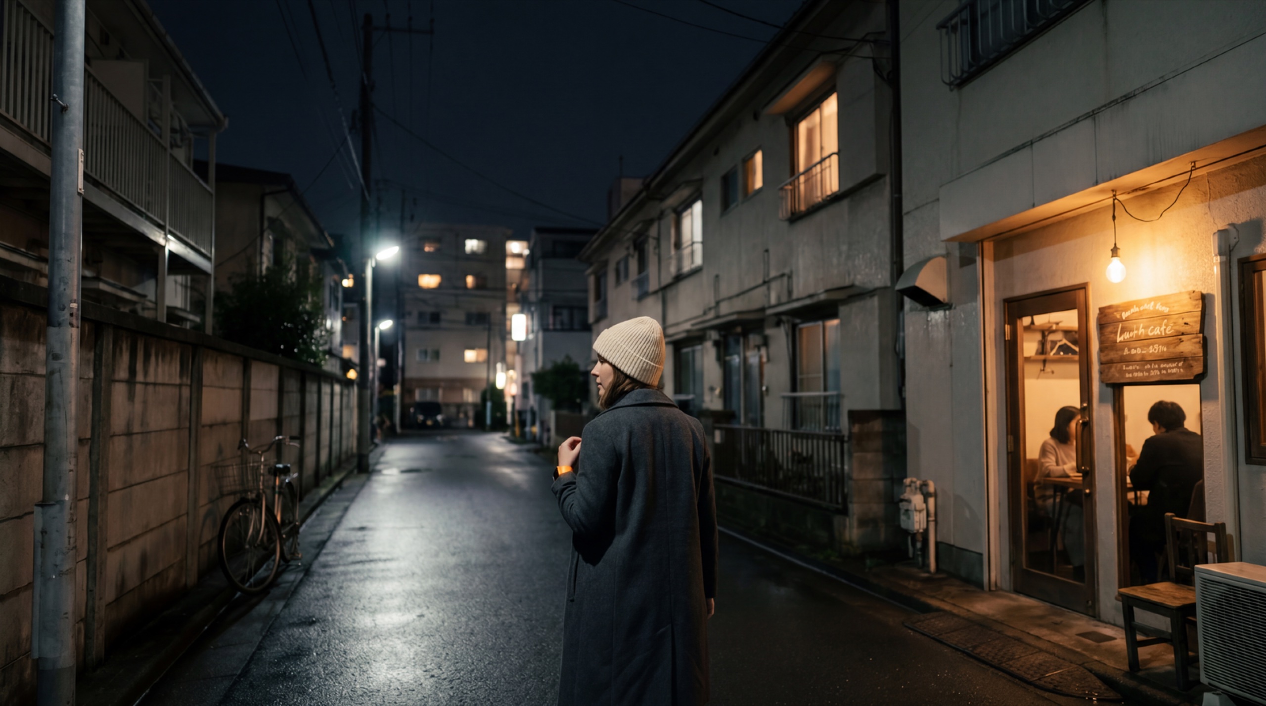 Chapter 03 · Memory and Review — a quiet Tokyo back-street at 22:00, warm café glow