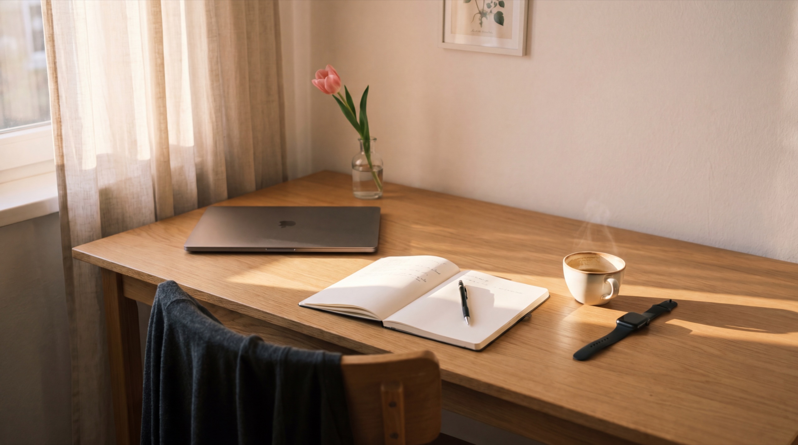 Chapter 04 · The Close — a quiet desk at end-of-month, late afternoon light, notebook and watch resting