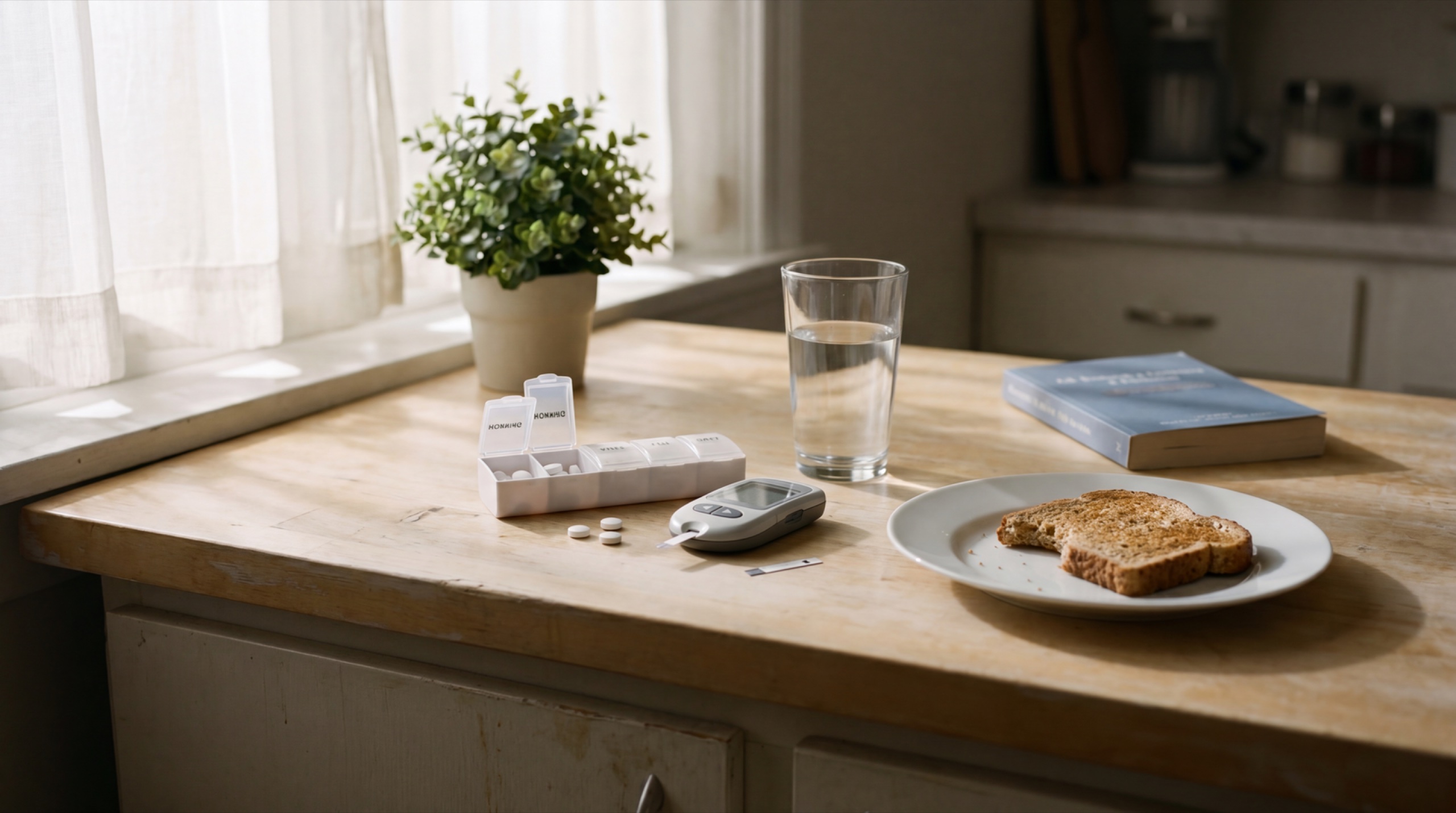 Chapter 05 · Same Grammar, Different World — a quiet morning kitchen with the routine of someone managing a chronic condition