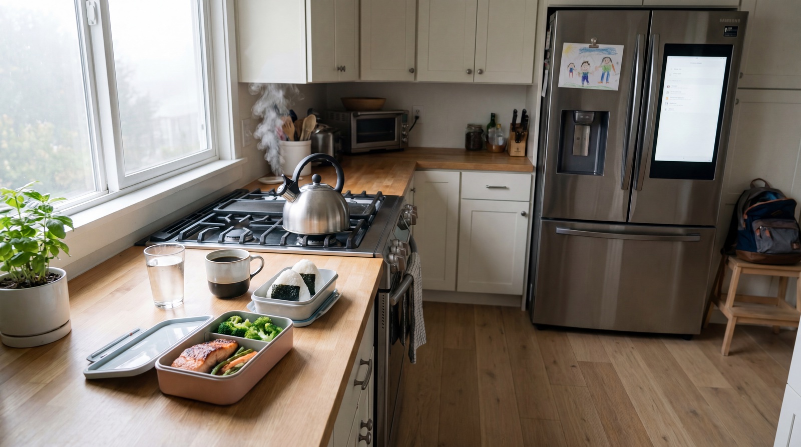 Chapter 02 · A Morning — the Yamashiro family's kitchen at 7:02 AM