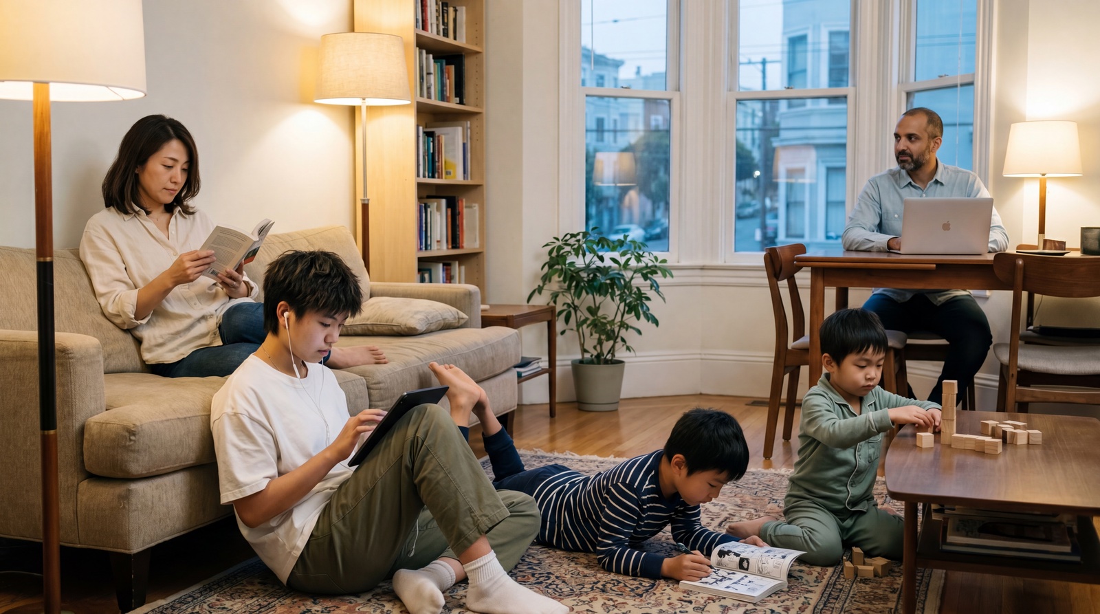 Chapter 03 · Three Axes of Disclosure — the family in the living room, each on their own device but co-present