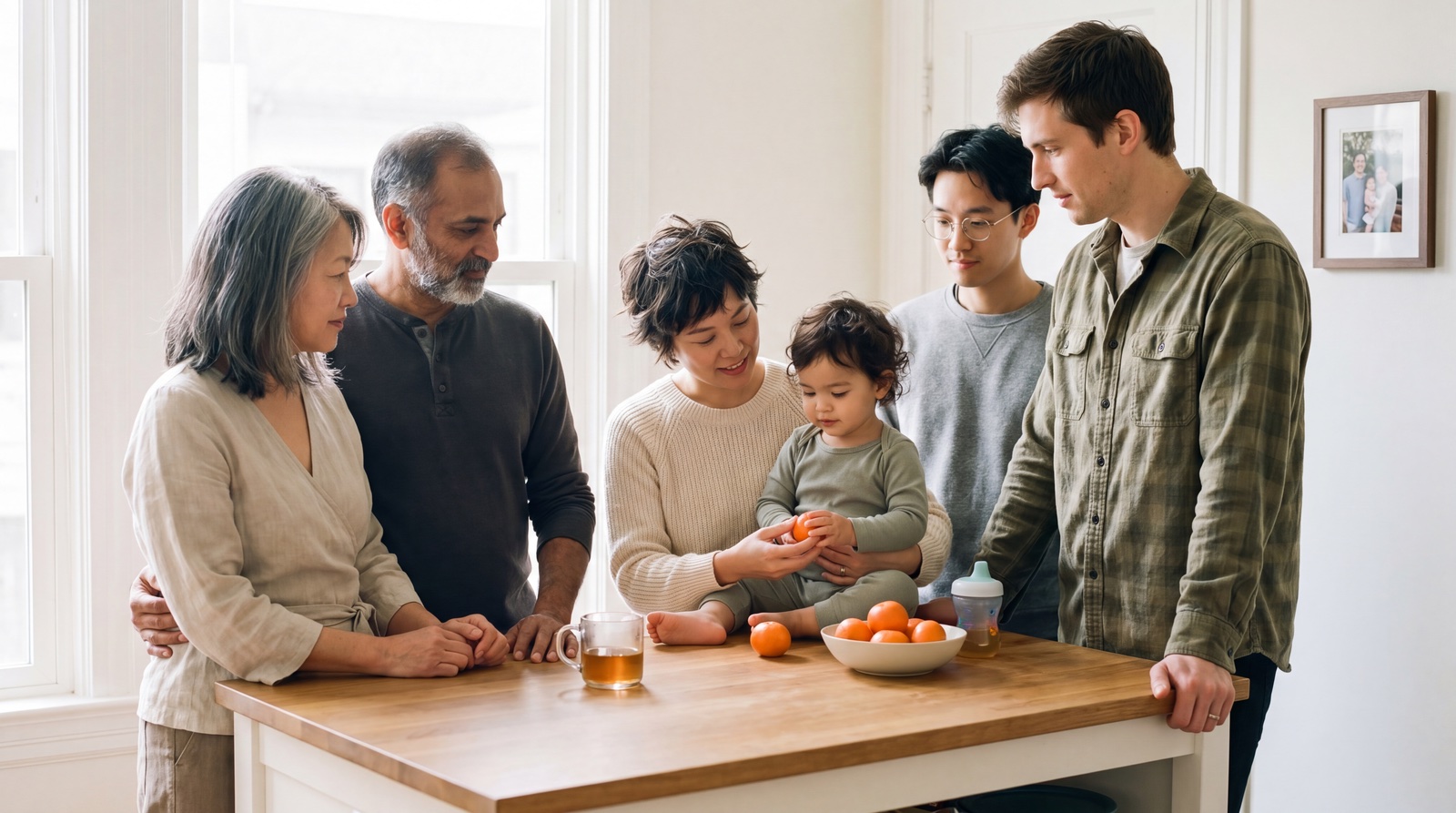 The Yamashiro family, 20 years later. Aoi (35) holds their toddler; Leo (29) and Sota (26) are grown; Mai (56) and Kiran (58) are greying into the same kitchen.