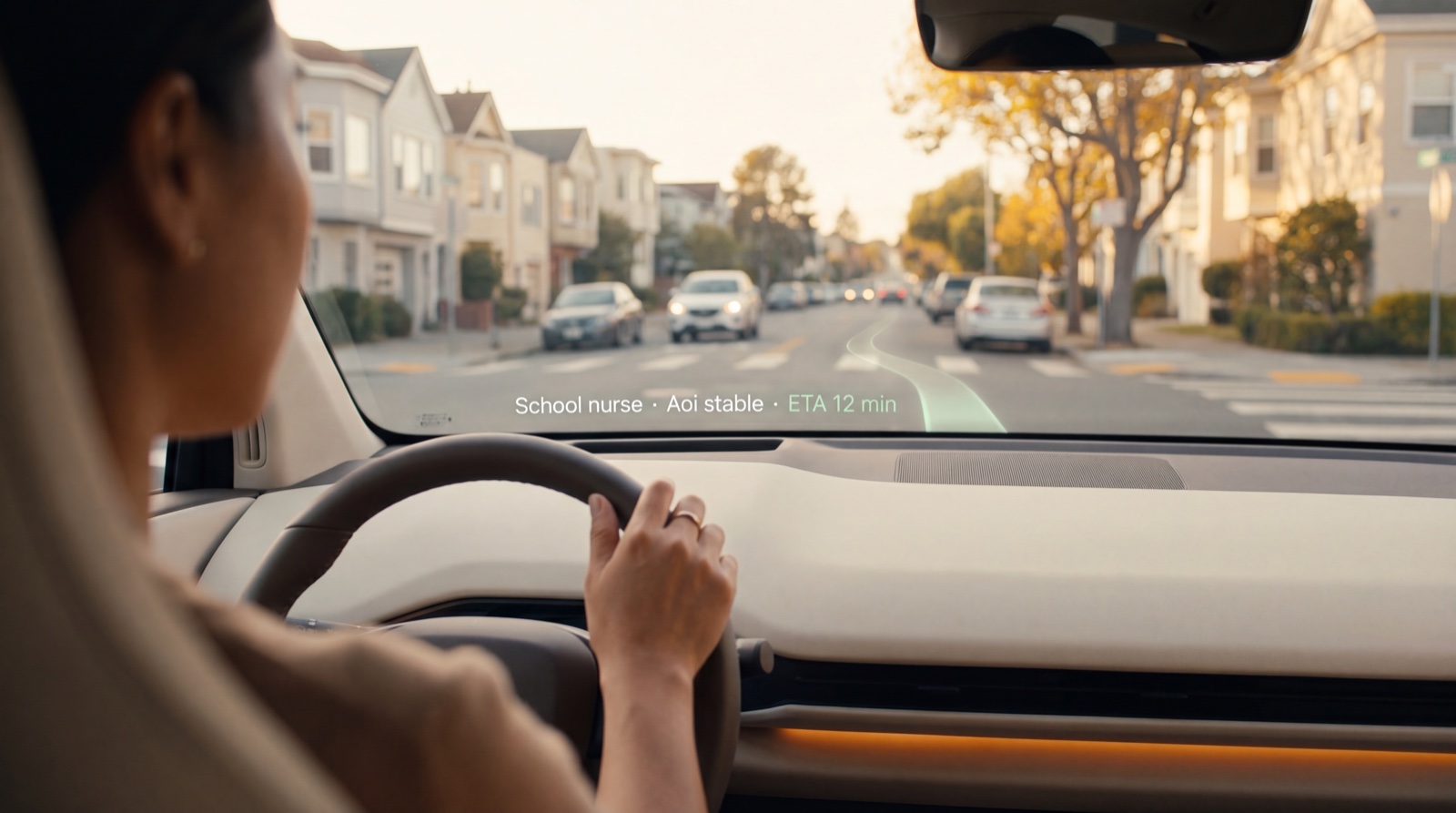 Mai driving a 2030 EV — the windshield itself acts as a Care Architecture surface, collapsing to one focal element: 'School nurse · Aoi stable · ETA 12 min'