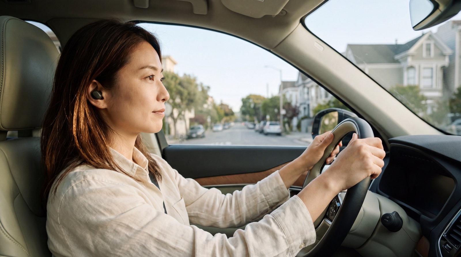 Chapter 04 · When It Counts — Mai driving, earbud in, the emergency call already in progress