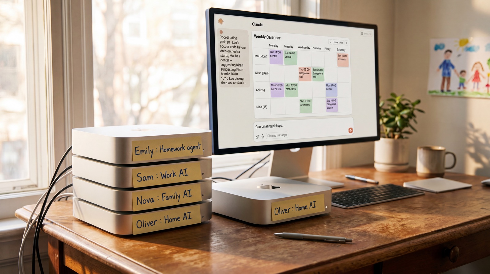 A desk with three Mac minis labeled by hand: Emily — Homework agent, Sam — Work AI, Nova — Family AI, Oliver — Home AI. A monitor behind them shows an AI chat coordinating the family's weekly schedule.