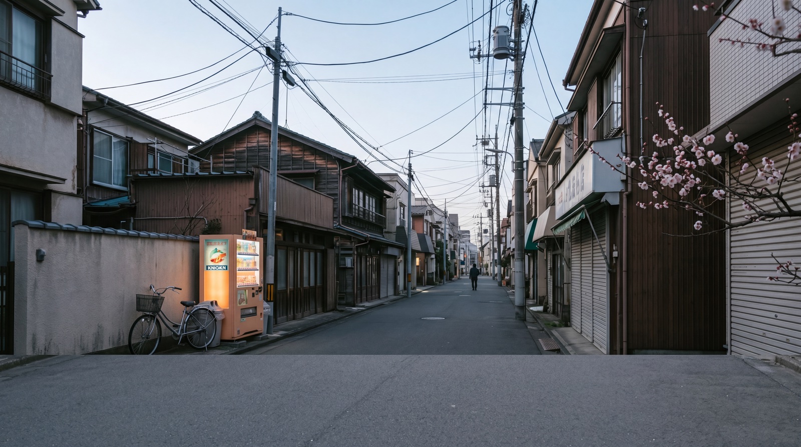 A quiet residential side street in central Tokyo, just after dawn — low-rise houses, electric wires overhead, a glowing vending machine, plum blossoms beginning to open.