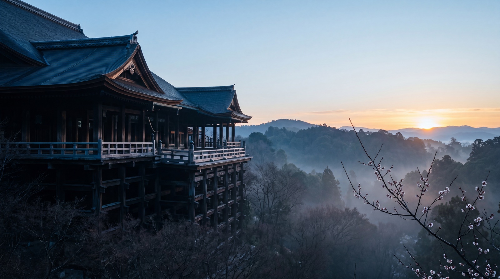 Kiyomizu-dera at dawn — the wooden butai stage juts out over a misted valley of cypress and maple, an early plum branch reaching into the foreground.