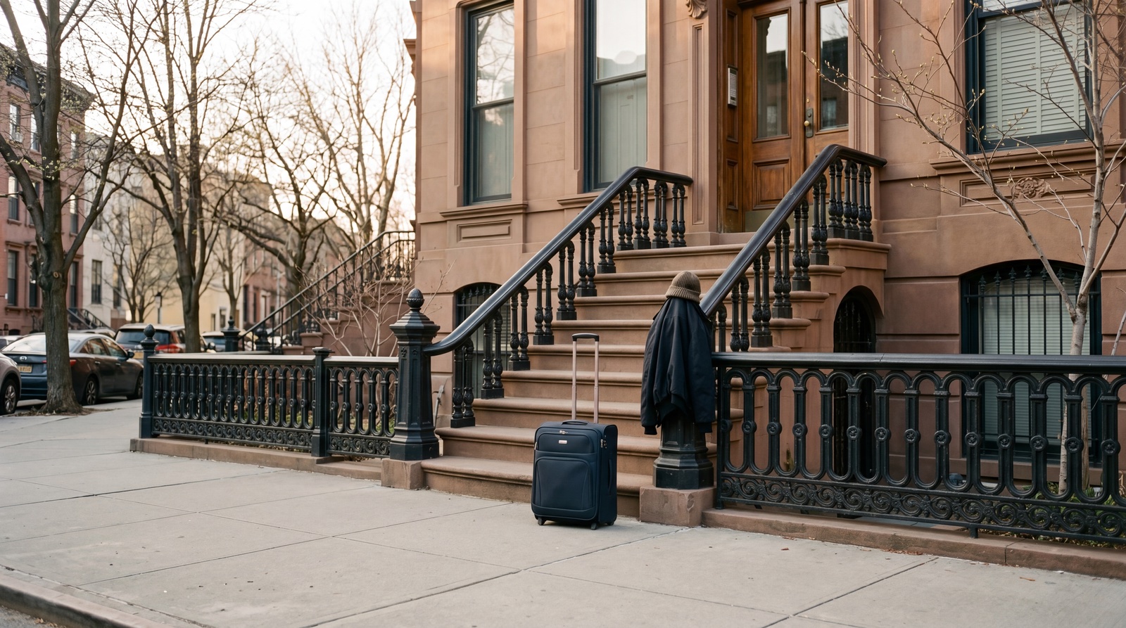 A Brooklyn brownstone stoop in late March, late afternoon. A single travel suitcase still sits at the bottom of the stone steps. The trip has just ended.