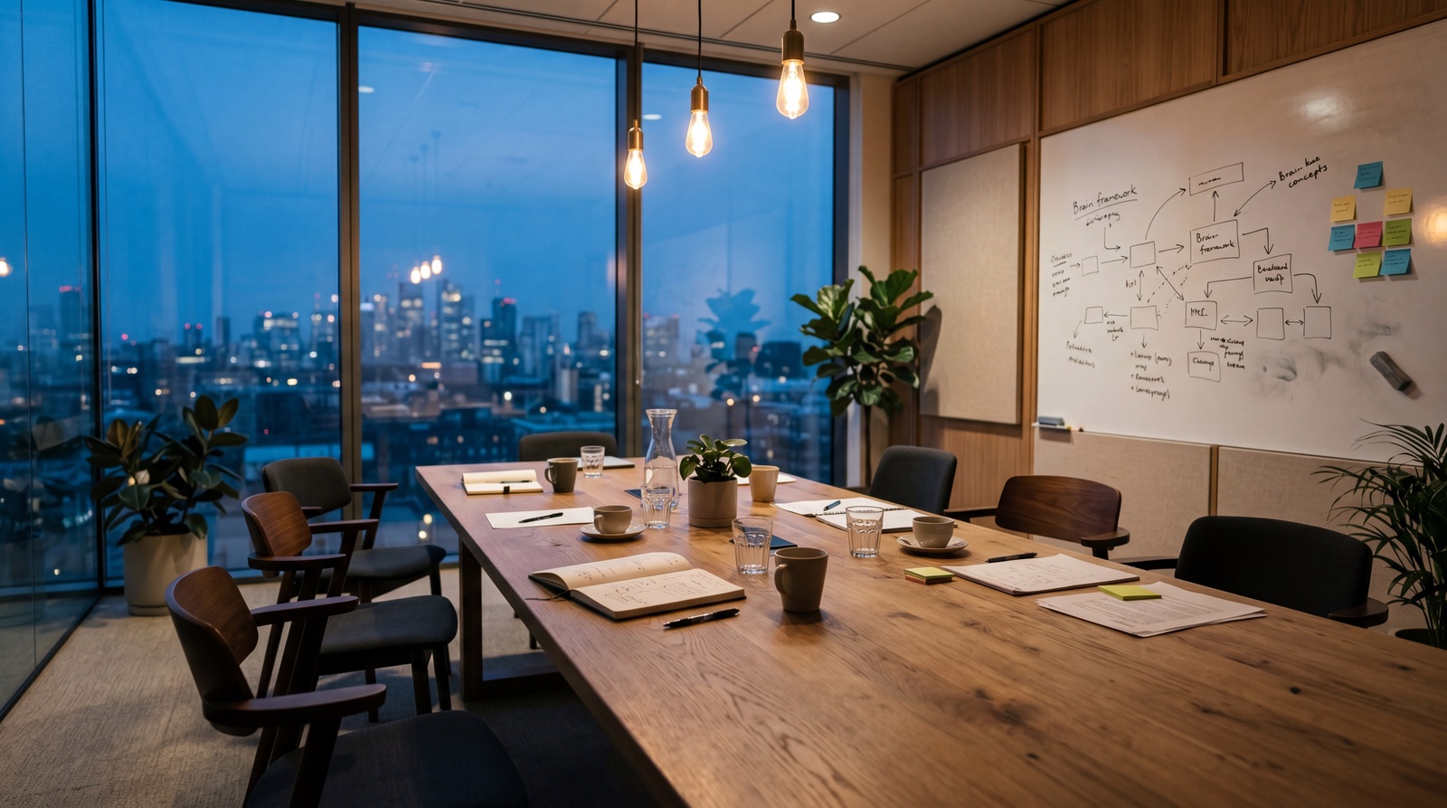 An empty modern conference room at dusk — long wooden table, scattered chairs, glass wall onto a softly glowing city. The room a small product team just left.