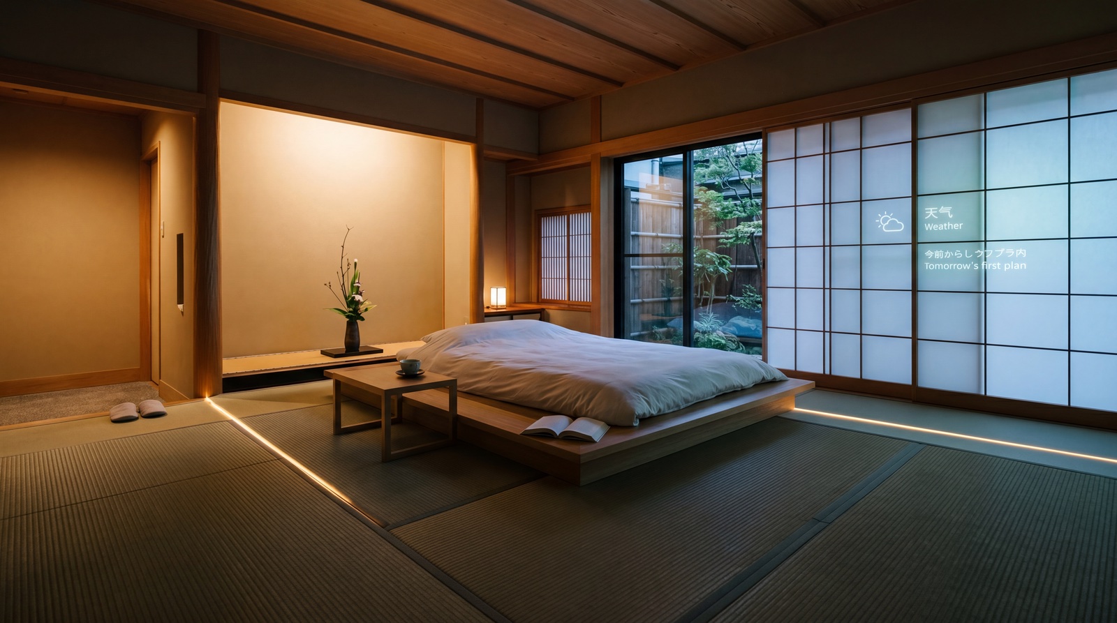 A 2030 ryokan-style hotel guest room at evening — tatami floor, low platform bed, shoji screens with subtle light projections, faint warm linear floor cue. Restrained ambient computing.