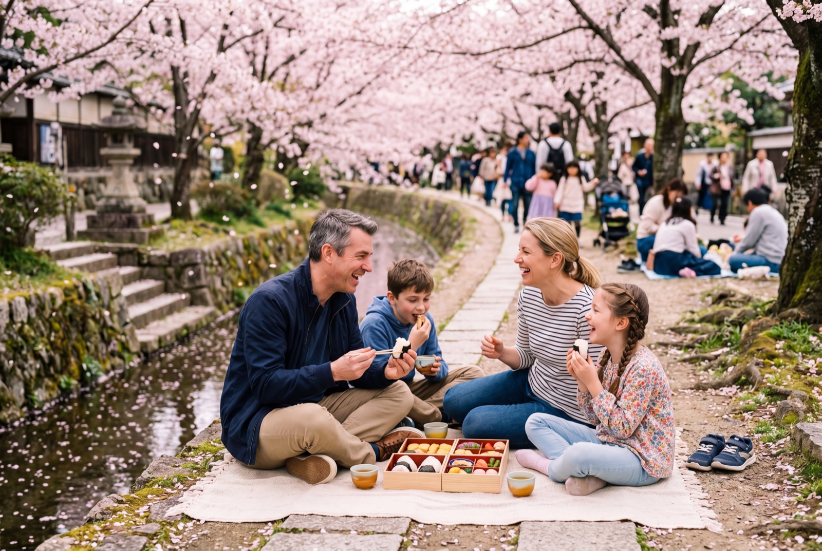 The Stern family on a picnic blanket under full-bloom cherry trees on Philosopher's Path, Kyoto