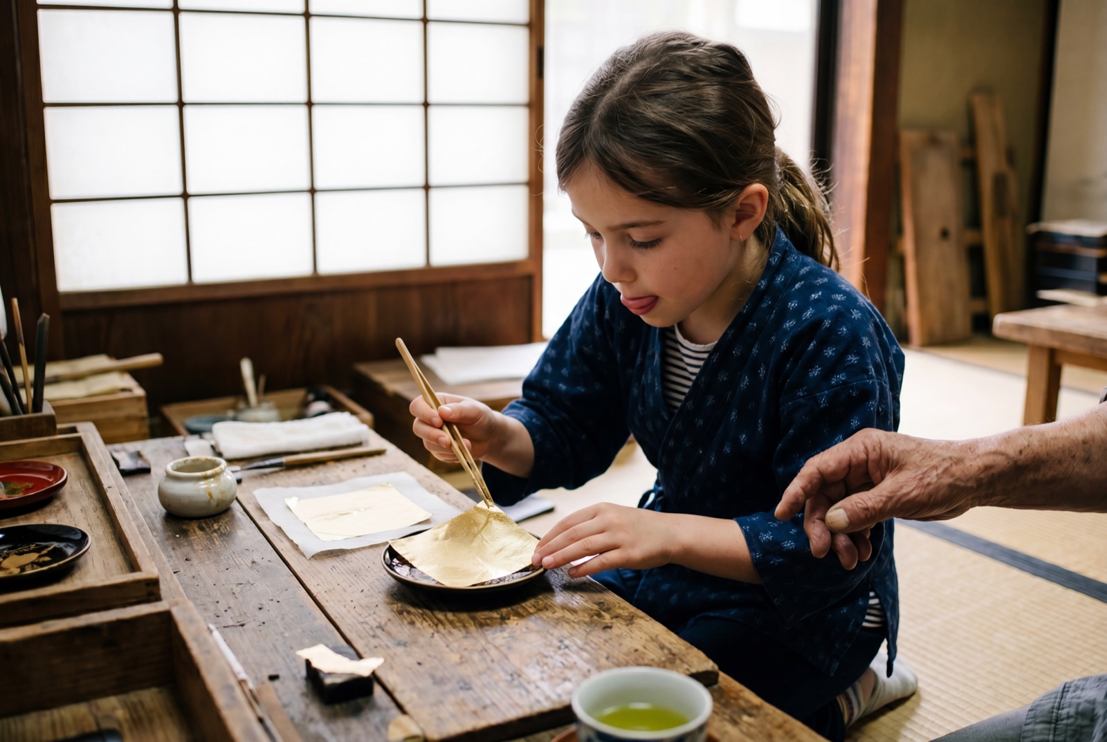 A small Higashi-Chaya teahouse converted into a gold-leaf workshop in early-March Kanazawa. Maya sits at a low wooden table, both hands quiet, a sheet of edible gold leaf adhered to a black-lacquered box in front of her.