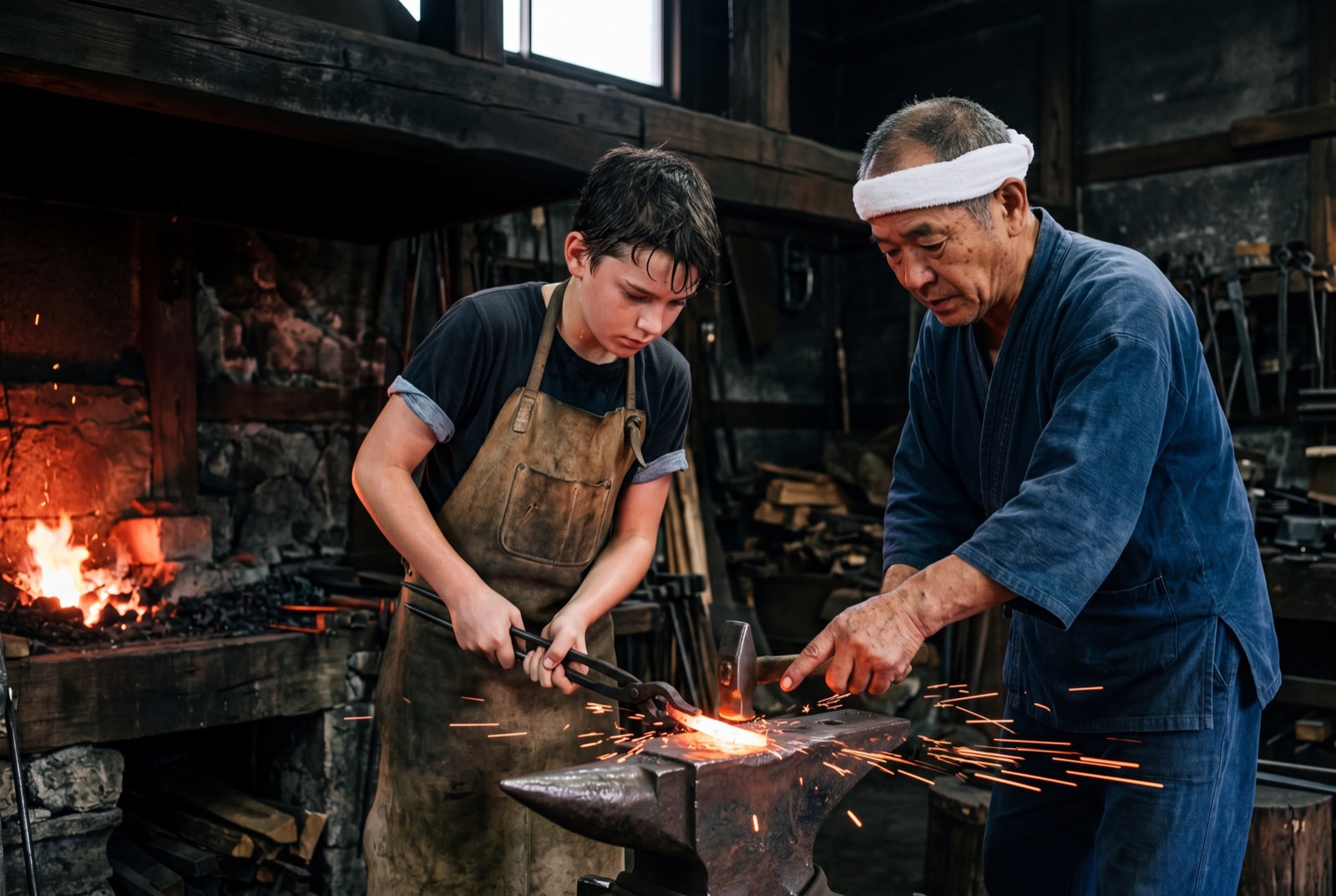 Eli at the Kameoka sword forge, hammer raised, steel glowing on the anvil
