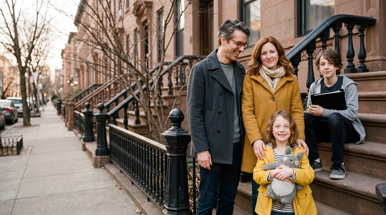 The Stern family of Brooklyn — David, Rachel, Eli, and Maya — on the stoop of their Park Slope brownstone in late afternoon March light, three weeks before they leave for Japan.