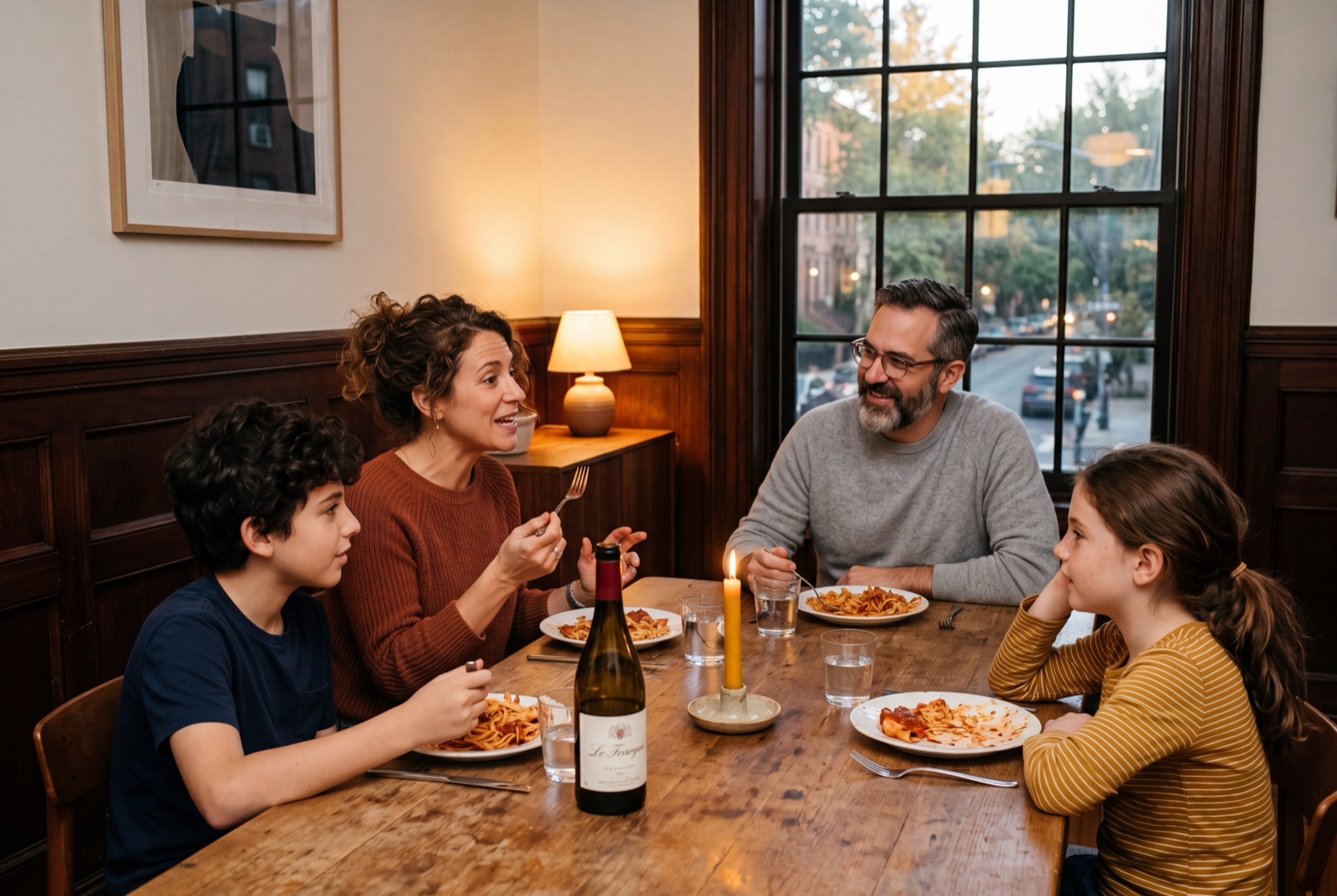 Brooklyn brownstone dining table on a September evening — dinner plates still out, a laptop open between the salt shaker and a half-full wine glass, the family still seated.
