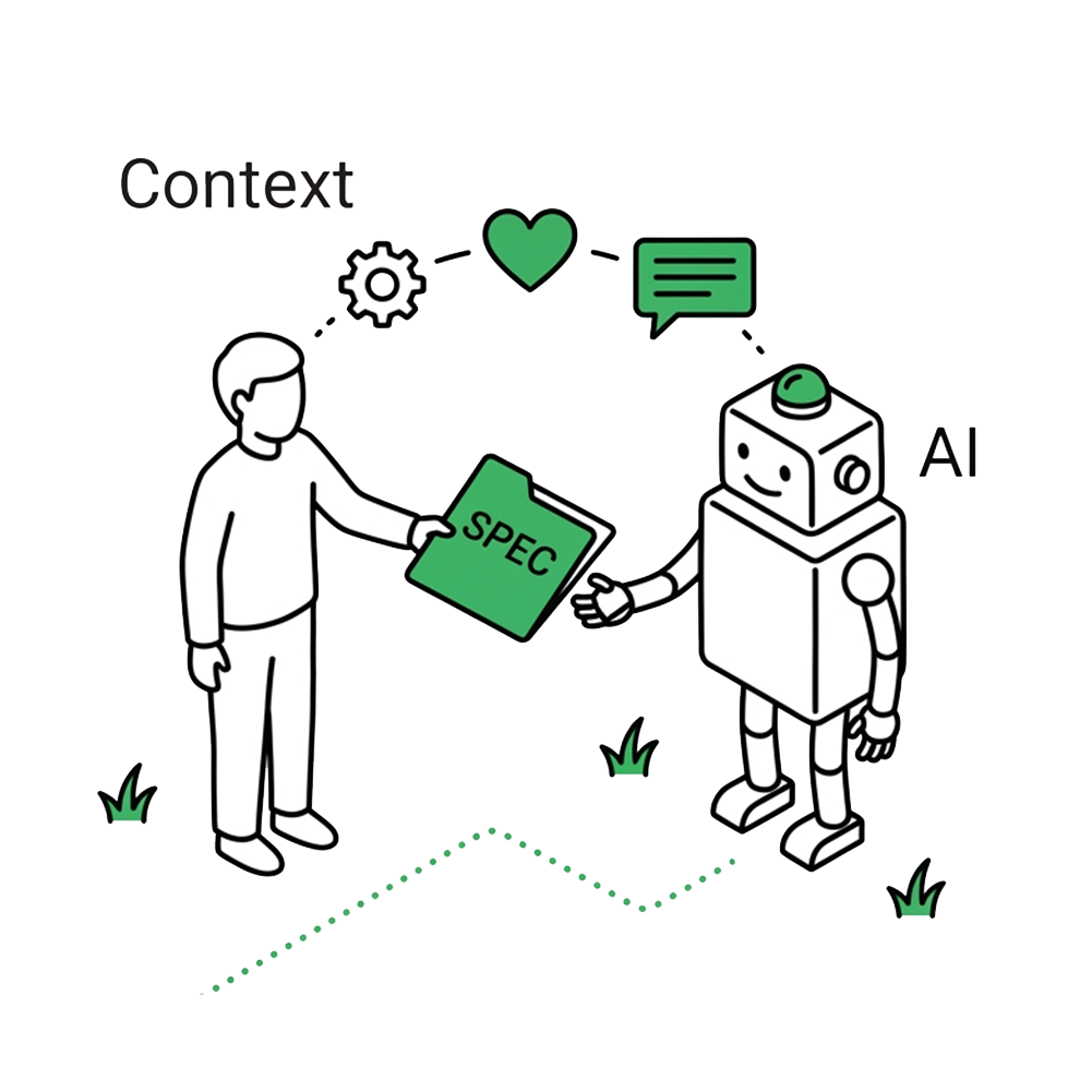 A human handing a spec document to a friendly robot — representing Context Grammar as an instruction manual for AI
