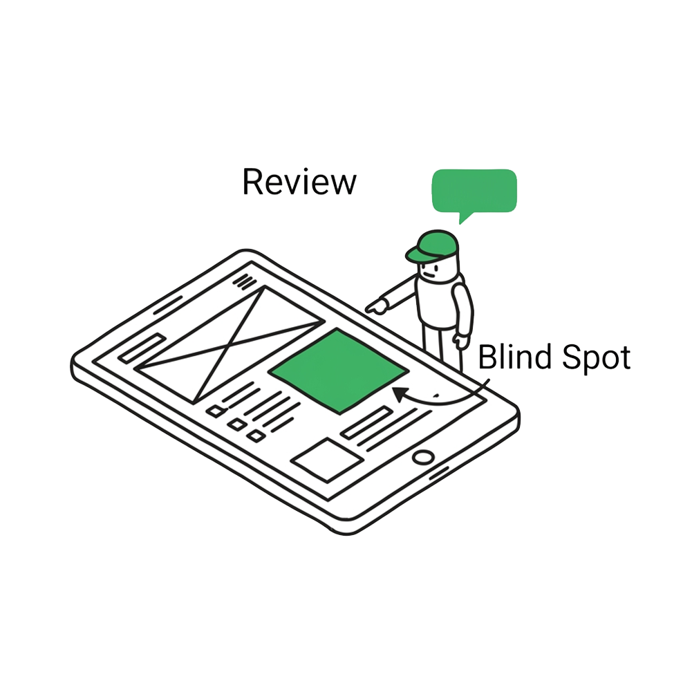 A designer and robot reviewing a UI wireframe together — representing the human narrative and machine spec working in tandem