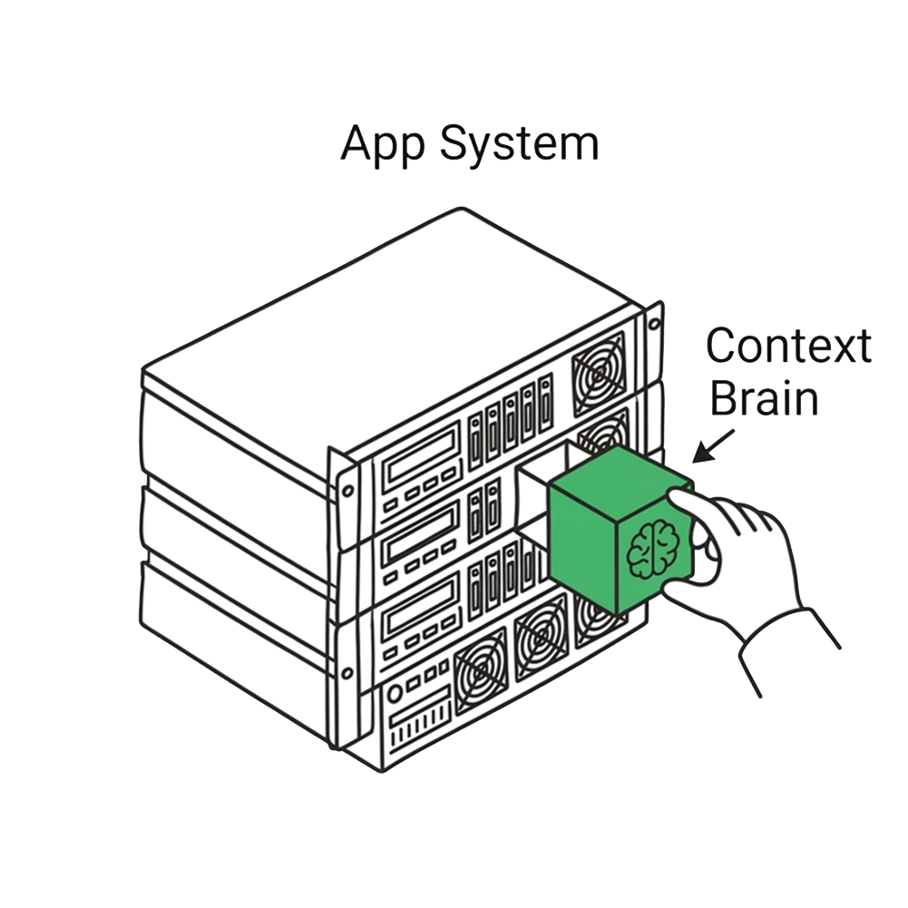 An engineer plugging a Context Brain module into a server rack — representing the technical, machine-readable Spec contract