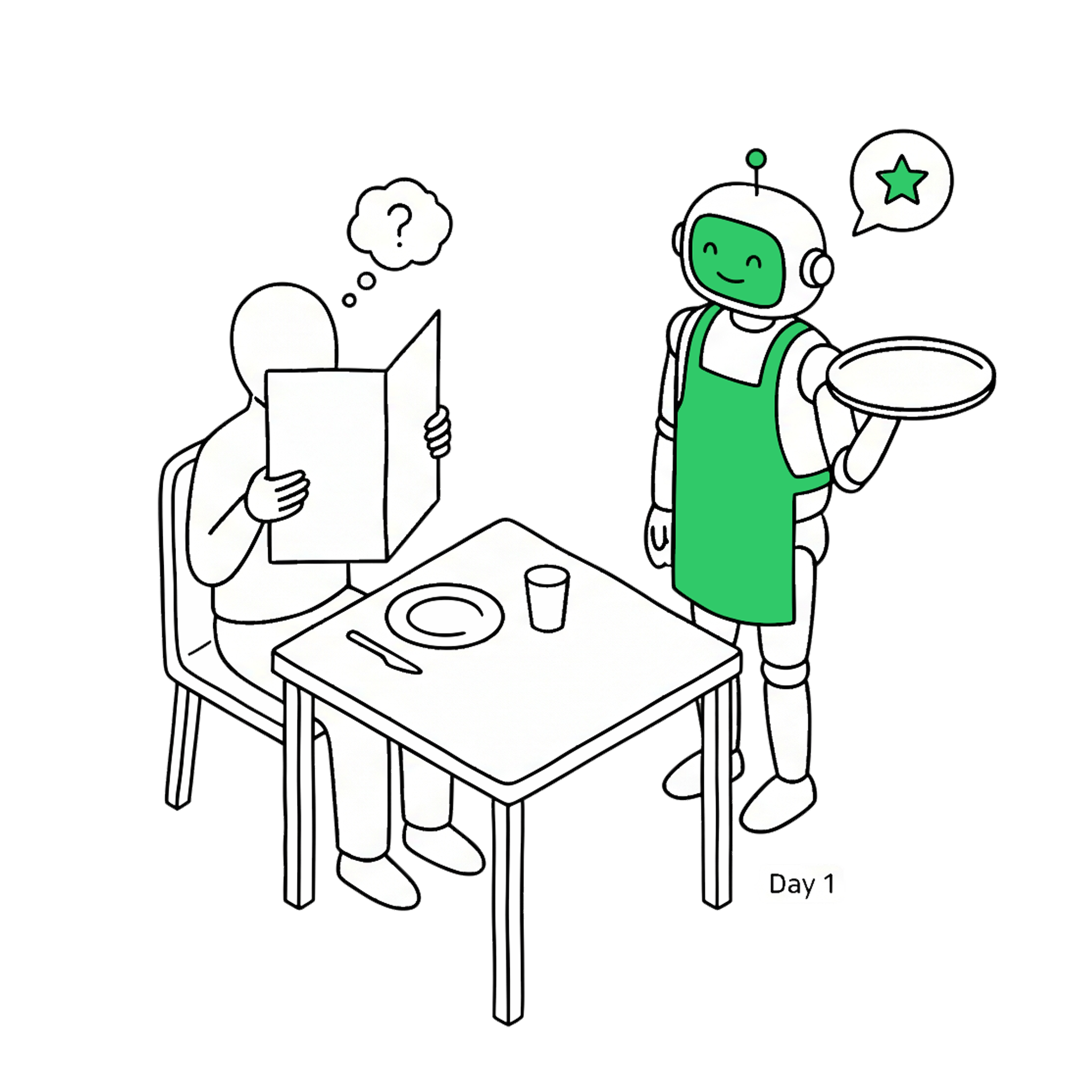 Day 1 — a customer sits at a table while an AI waiter approaches, both uncertain
