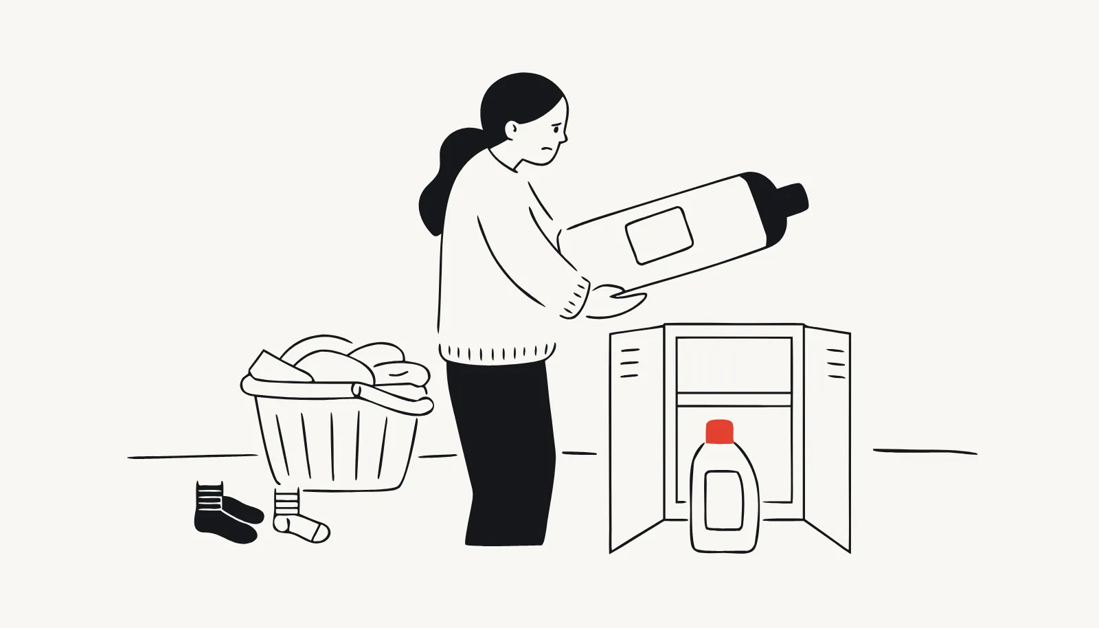 A parent holds a large detergent bottle that will not fit in the small cupboard.