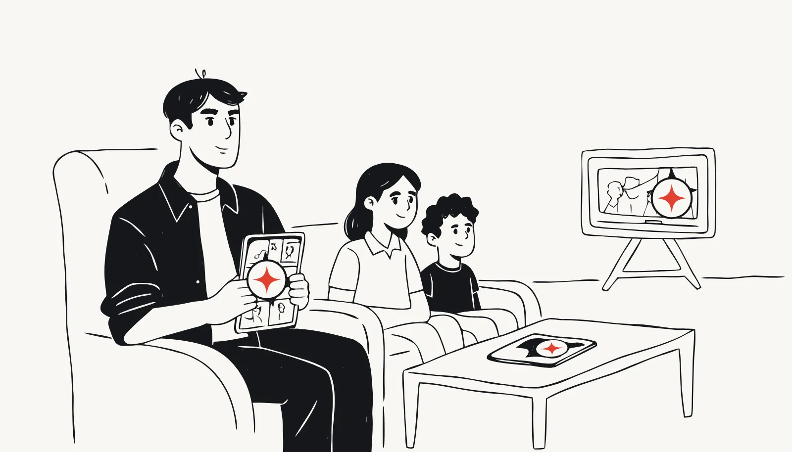 The father reads the comic on a tablet while his daughter and son watch its animated version.