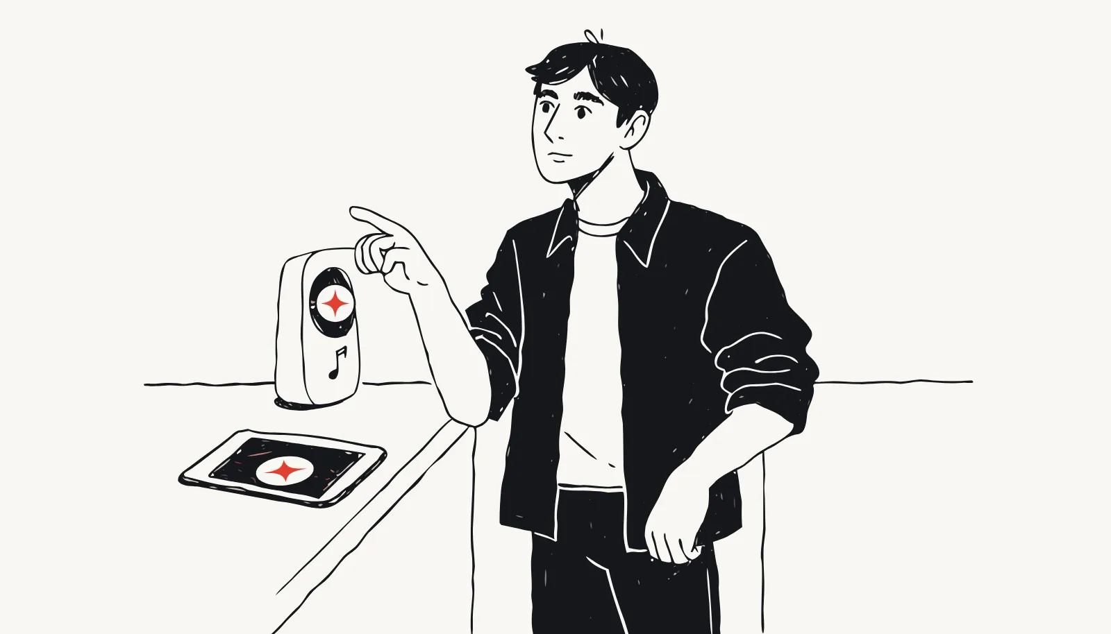 Alone in the kitchen, the father considers a quiet invitation on his speaker before choosing to play.