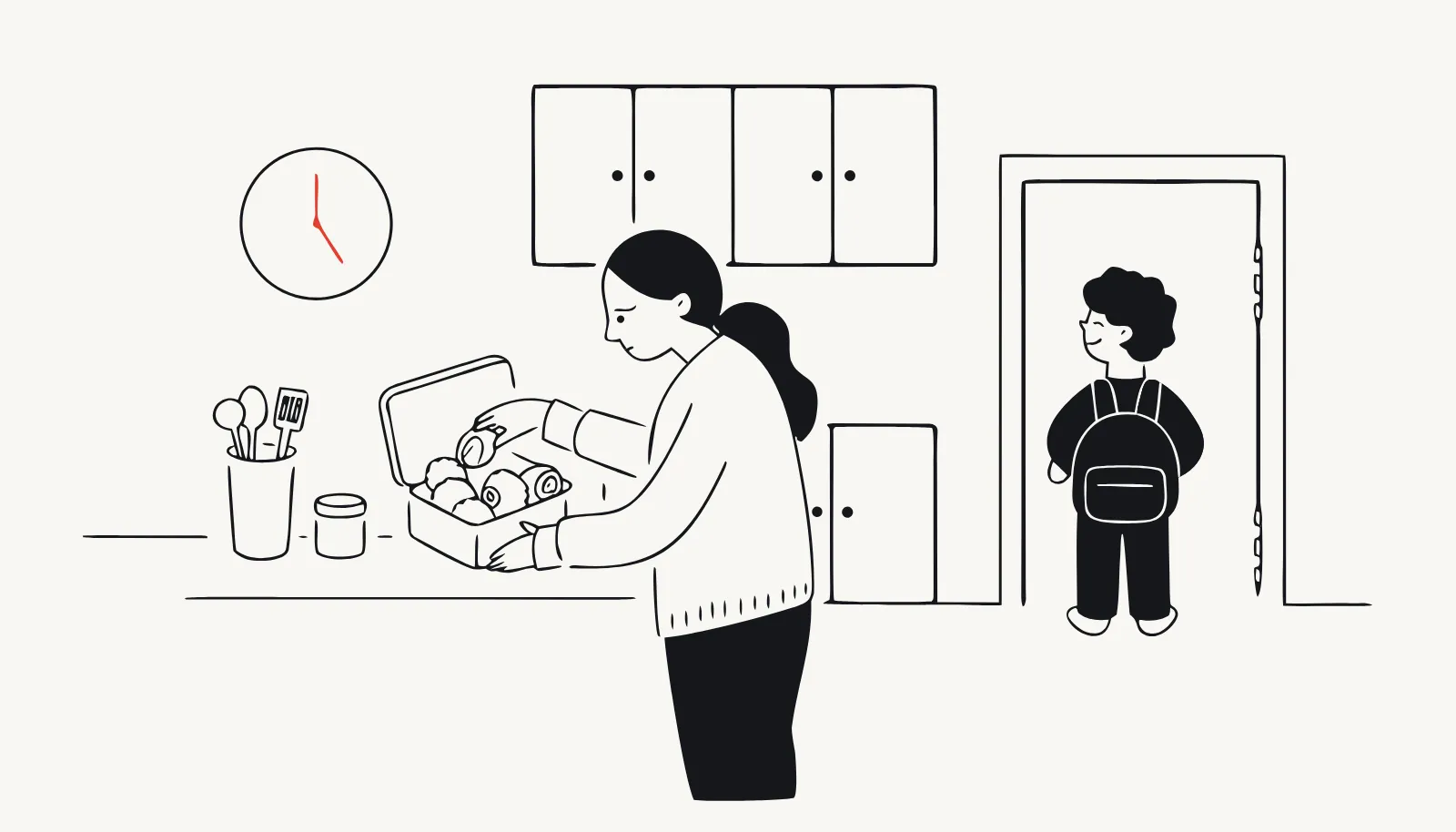 A parent packs rice balls and an omelet into a lunchbox while a child waits at the door.