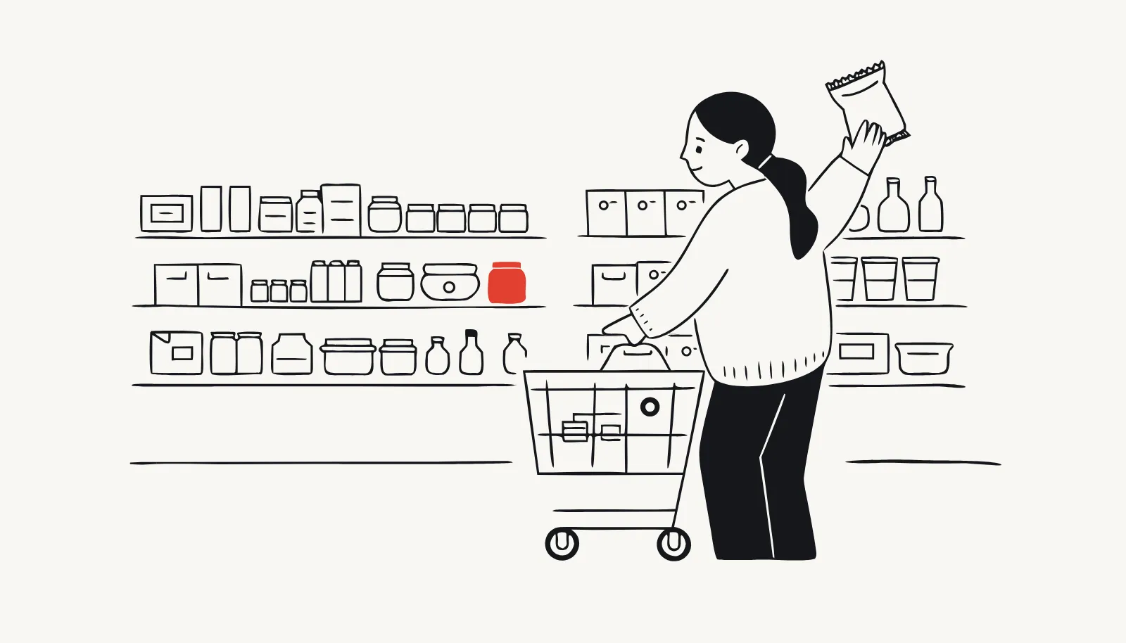 In the snack aisle, a parent pauses with a bag the family did not enjoy last time.