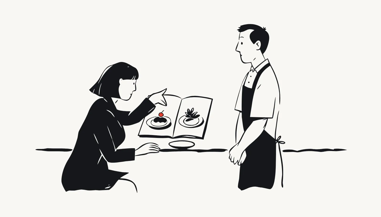 A diner points between two dishes on the menu while the host waits, without taking the order.