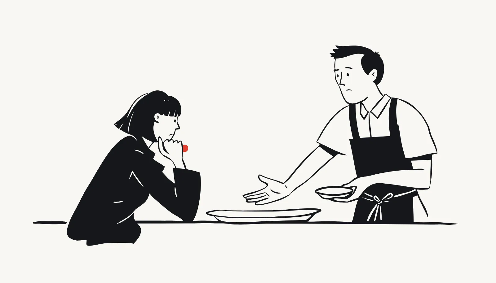 A host apologizes that the usual dish is gone and offers a similar one; the diner considers it.