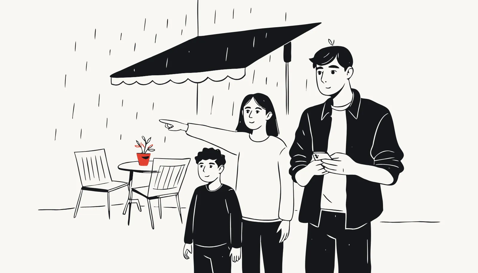 Rain changes the plan; the family waits calmly under an awning.