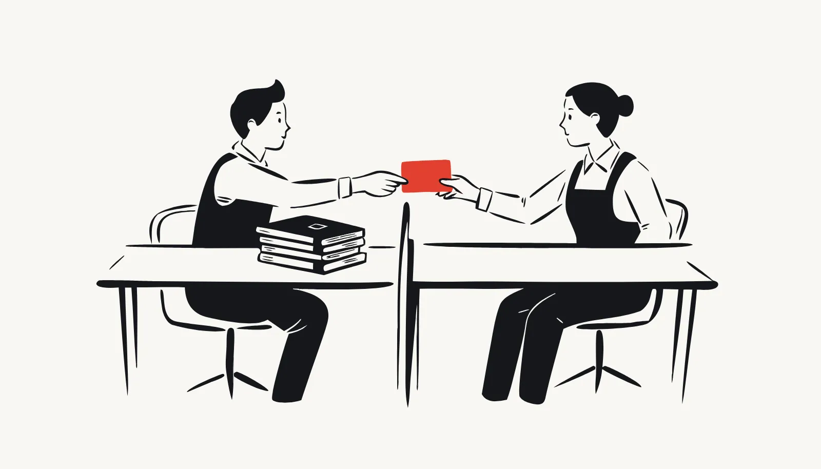 Across a divider, one colleague passes a single card; the private notebooks stay on the desk.