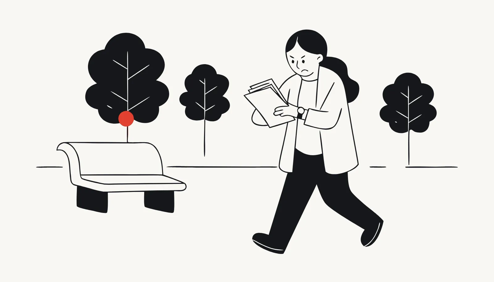 A woman hurries across a city square with papers, ten minutes before a meeting.