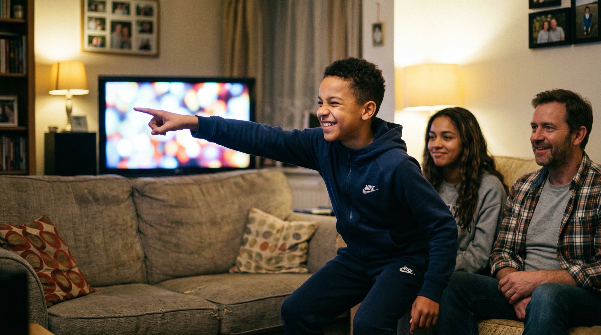 Marcus points at the TV from the sofa. Amara is laughing beside him. Naomi watches from the phone in her lap.