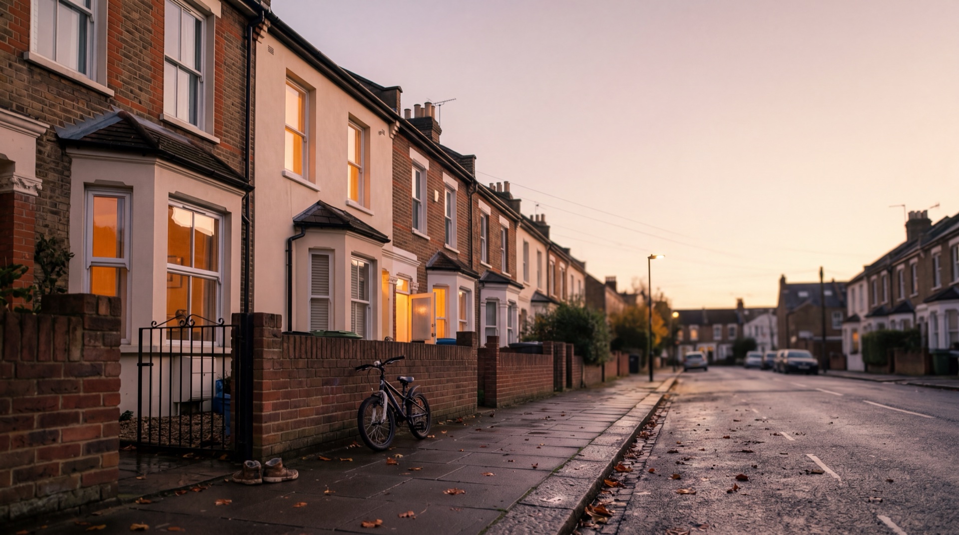 Chapter 06 · Close — a quiet Clapham street at dusk, warm window glow, a day that finished well