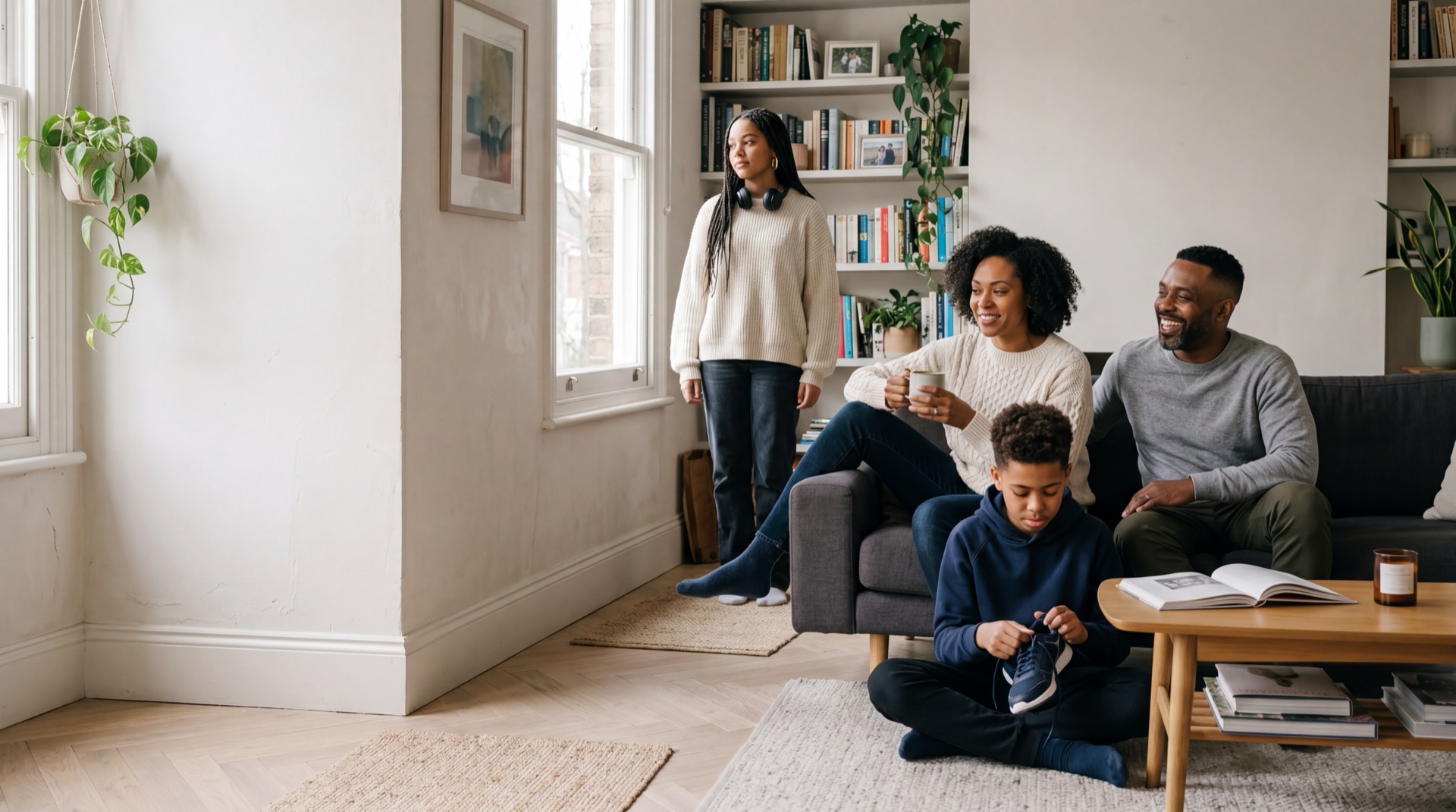 The Campbell-Adeyemi family of Clapham, South London — Naomi, James, Amara, and Marcus — in their living room on a Saturday morning.