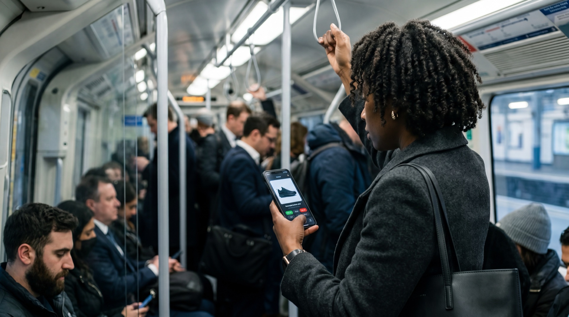 Naomi on the morning commute — packed London train, right hand on the overhead strap, left thumb swiping through shoe candidates on her phone.