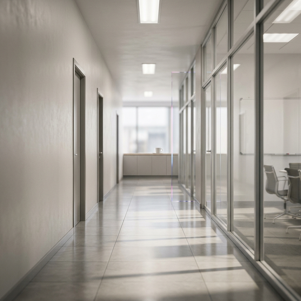 Office hallway — the team has gone home, the archive is still running.