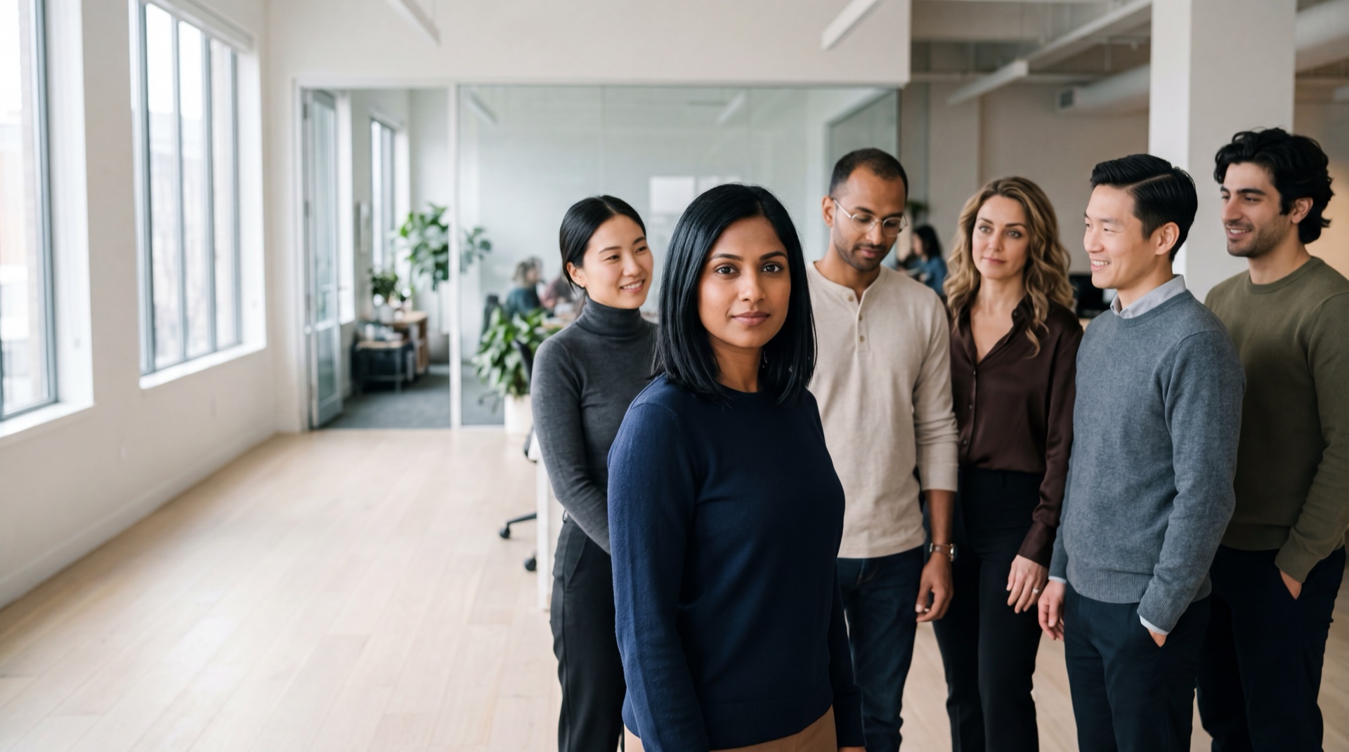 The design team — Priya, Maya, Dev, Leena, Kenji — in the open studio, mid-conversation, morning light.