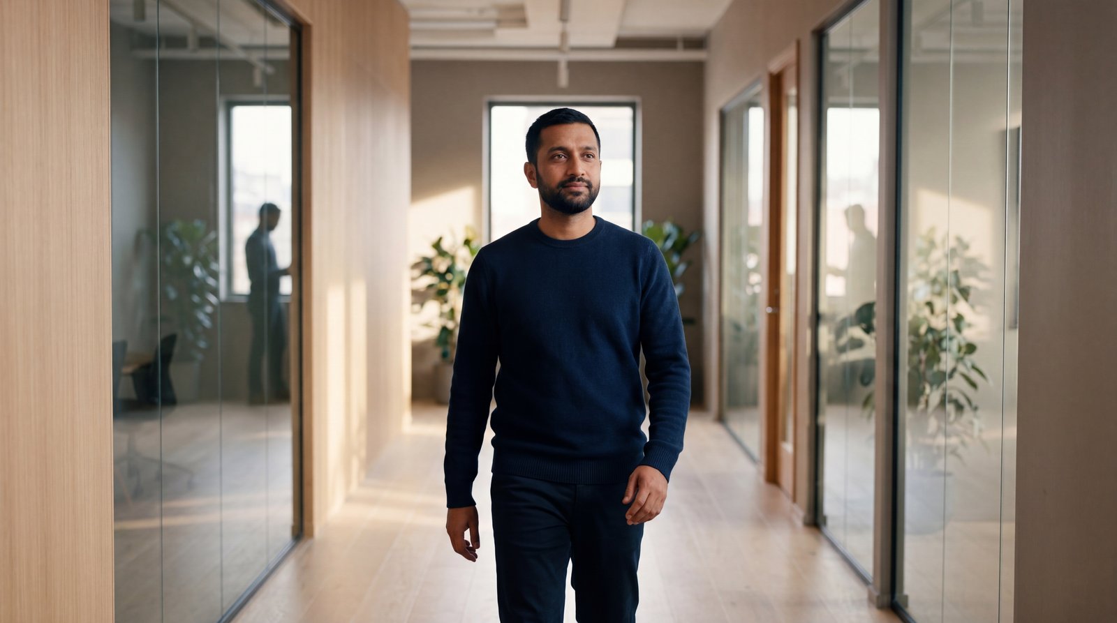 Chapter 02 · The Five Brains — Priya walks through a sunlit office corridor mid-morning, mid-thought