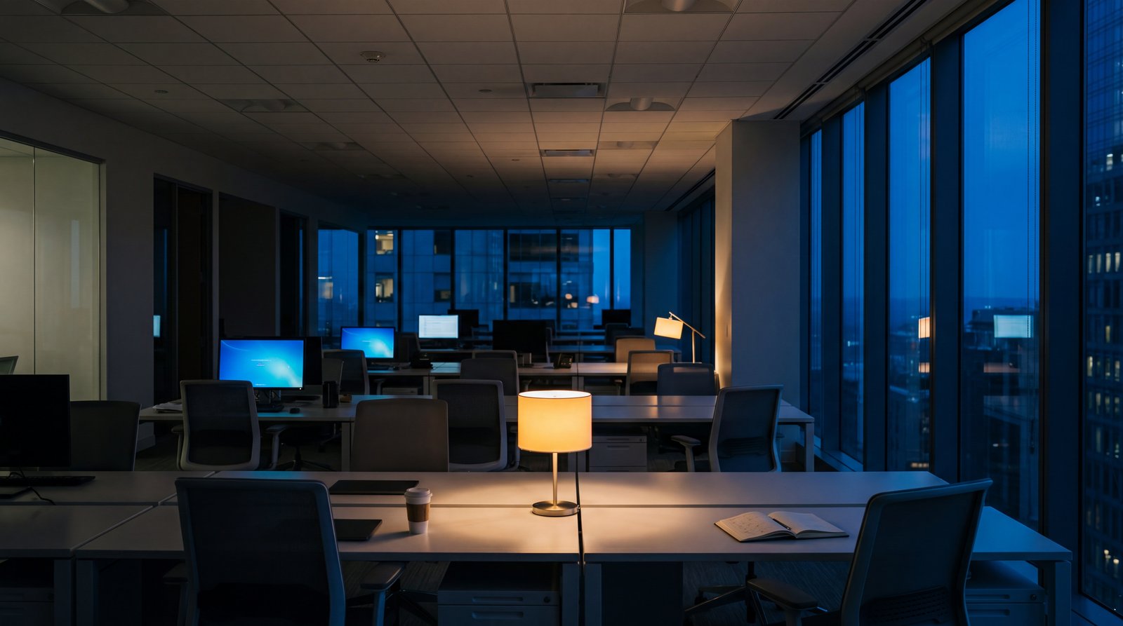 Chapter 08 · Close — empty office at end-of-day, monitors glowing, one desk lamp still on