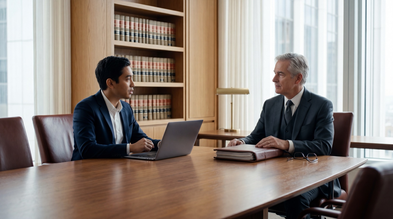 Chapter 05 · Same Grammar, Different World — a senior partner and an associate in conversation across a walnut conference table, mid-morning natural light from windows.