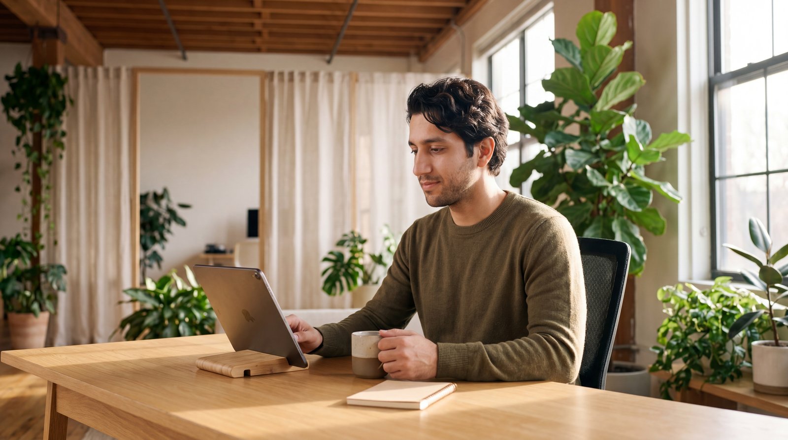 Three years later, 2029. Arman (28) inherits Project Orion — modern office, morning light, fresh-start energy.